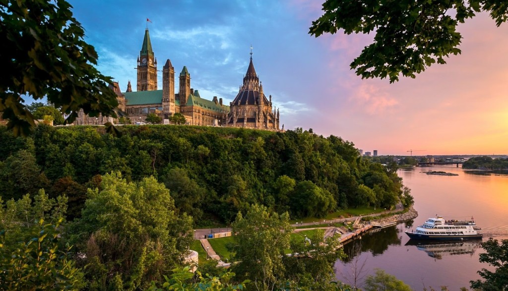 Parliament Hill and the Ottawa River at sunset